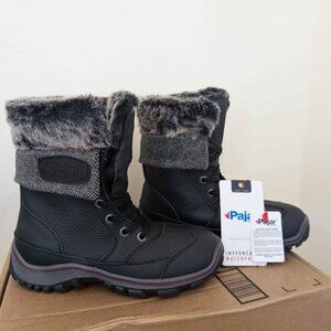 Pajar Alice Black Waterproof Snow Boot Leather Dual Tweed Faux Fur Cuff US 7.5-8